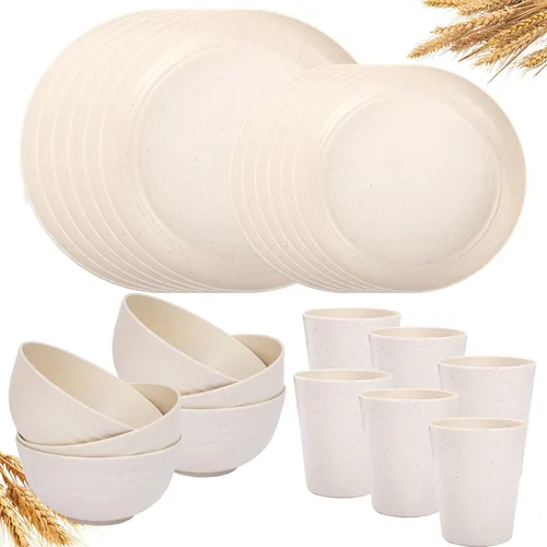 Vista 15 de LIYH 16 Piezas Juego de Vajilla de Paja de Trigo Beige - Platos de Cena Crema Irrompibles, para 4 Platos y Cuencos, Juego de Vajilla de Plástico