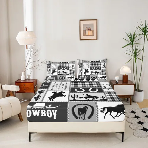 Vista 5 de Juego de sábanas para niños estilo vaquero occidental tamaño individual, juego de ropa de cama con diseño geométrico de cactus, decoración