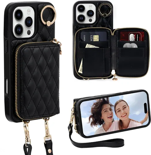 Vista 41 de Funda para iPhone 12 Pro/iPhone 12 de 6.1 pulgadas, cartera cruzada con cremallera para mujer, tarjetero con bloqueo RFID, funda de cuero con Negro