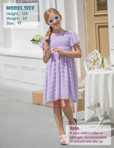 Vista 4 de Kids4ever 6-12T Vestido de gasa para niñas con pompones sólidos y volantes de manga corta con volantes y cuello cuadrado para niños