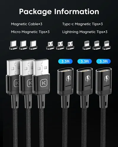 Vista 7 de Kuulaa Paquete de 3 cables de carga magnéticos, cable Lightning magnético, cargador de teléfono magnético de 3 A, carga rápida con puntas de carga 3