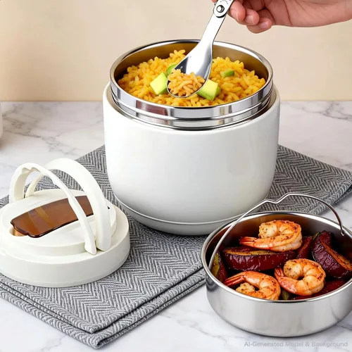 Vista 7 de Tarro de comida aislado de 40 onzas con 2 compartimentos, recipientes herméticos para comida caliente, boca ancha, acero inoxidable, incluye cuchara