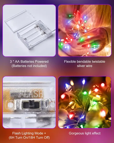 Vista 6 de Luces de hadas que funcionan con pilas, luces de cuerda centelleantes impermeables con cable plateado de 5 pies y 60 LED, luces de fuegos