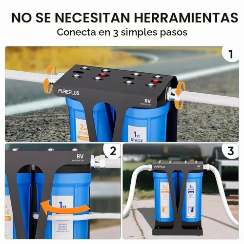 Vista 4 de PUREPLUS - Filtro de agua de doble etapa para RV, KDF/carbono y sedimento