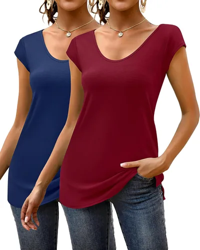 Vista 2 de Paquete de 2 camisetas de manga casquillo para mujer, ajuste holgado, casual, cuello en V, básicas, elegantes, camisetas sin mangas, camisetas tipo