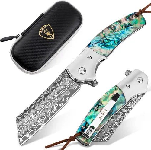 Vista 13 de Cuchillo de bolsillo AUBEY de Damasco, hoja de acero de Damasco de 3.34" con molino hueco, cuchillo plegable con rodamiento de bola, mango