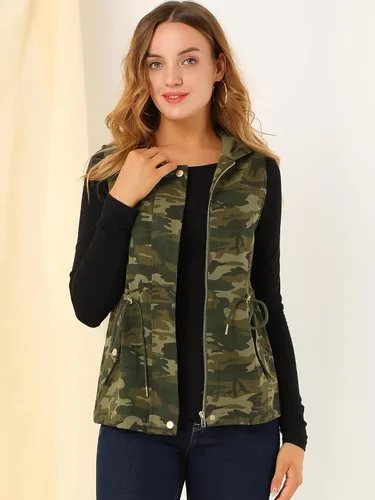 Vista 3 de Allegra K Chaleco de camuflaje con capucha y cordón en la cintura para mujer