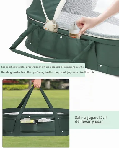 Vista 6 de Cuna de viaje para bebé portátil con dosel 2 en 1 para recién nacido - verde
