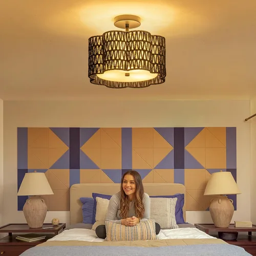 Vista 2 de ✿ Lámpara de Techo de Ratán Tejido a Mano de 13.8" con 3 Luces Montaje Empotrado Boho Negro para Dormitorio Pequeño y Guardería, Luz de Techo