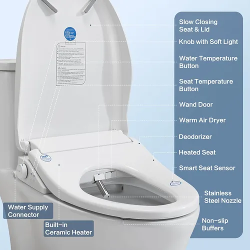 Vista 5 de Asiento de inodoro inteligente con control remoto, asiento con calefacción ajustable y secador de aire, agua caliente instantánea sin fin, múltiples
