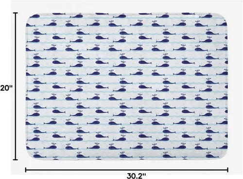 Vista 3 de Ambesonne Tapete de baño de ballena, olas horizontales del océano con peces azules, animales del mar, tapete de felpa para decoración de baño