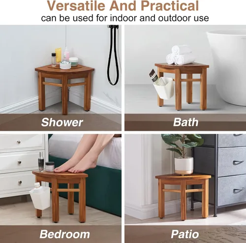Vista 8 de Lovitgo Taburete de ducha de teca de 12 pulgadas para afeitarse piernas, taburete de ducha de esquina para ducha interior, banco de ducha de teca
