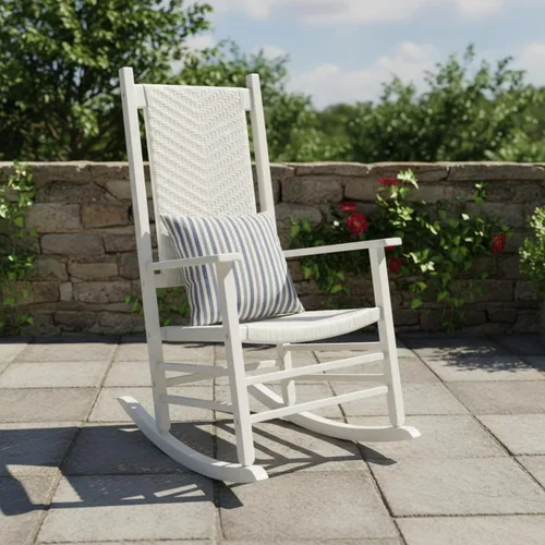 Vista 7 de Shine Company Hampton Mecedora de Porche, Silla Mecedora de Madera con Respaldo Alto, Respaldo y Asiento de Ratán, Blanco