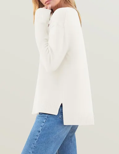 Vista 4 de ZESICA Suéter de manga larga para mujer, cuello redondo, tejido suave, abertura lateral, cómodo, holgado, para otoño 2023