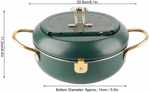 Vista 2 de Olla para freír, freidora verde profundo con termómetro, sartén de acero inoxidable para uso doméstico en la cocina.