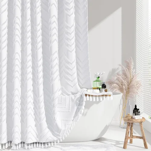 Vista 11 de Dynamene - Cortina de ducha de tela bohemia con rayas con chebrón en relieve, juego de cortina angosta para baño, media cortina impermeable de A.