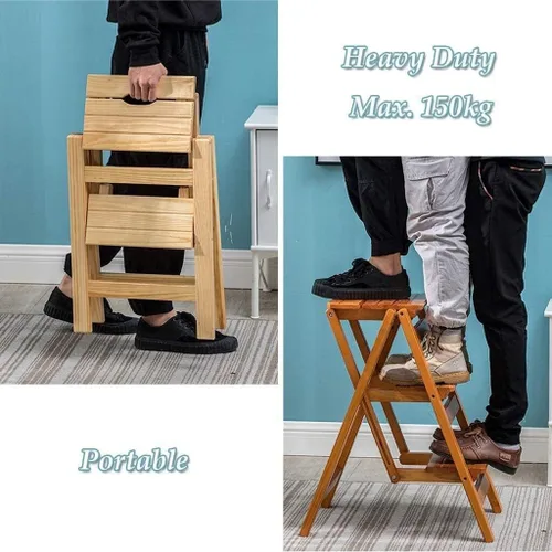 Vista 4 de Strong Folding Step Stool Solid Load-Bearing Strong Wood 3 Layers Stair Chair Folding Step with Anti-Slip Feet Stool Ladder Kitchen Safe