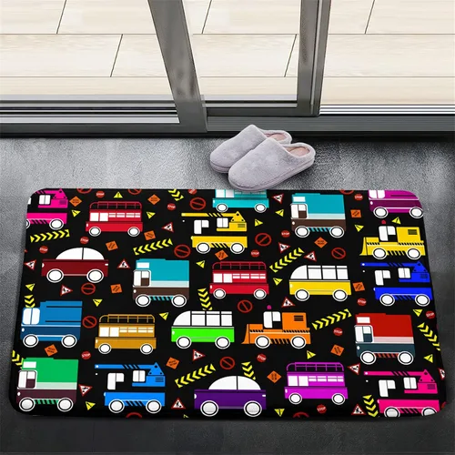 Vista 24 de Alfombra de construcción – Alfombras de construcción para habitación de niños, divertido diseño de camión de dibujos animados, alfombra de coche