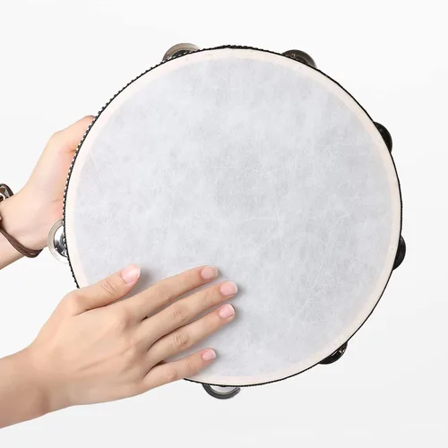 Vista 6 de Javik Pandereta instrumento musical para adultos, panderetas de mano de 10 pulgadas tambor de madera con jingles de metal, instrumentos de percusión