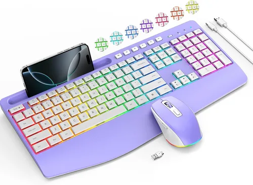 Vista 8 de Combo de teclado y mouse inalámbricos: teclado recargable VEILZOR 2.4G con soporte para teléfono, reposamuñecas ergonómico, 9 efectos