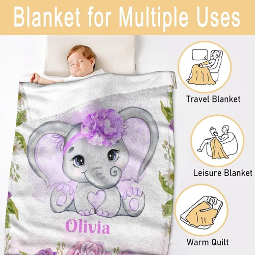 Vista 2 de Manta de franela personalizada con nombre de elefante bebé para niñas y niños, regalo divertido y significativo para todas las estaciones