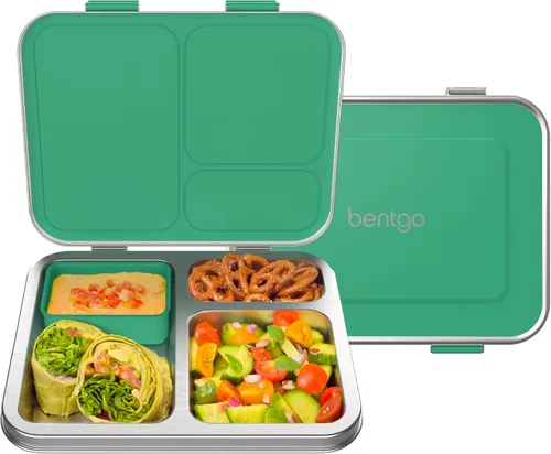 Vista 12 de Bentgo Kids - Lonchera de acero inoxidable resistente a fugas, 3 compartimentos Recipiente de silicona adicional, sin PFAS y BPA, resistente al