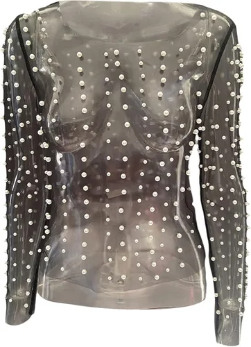 Vista 6 de Honganda Blusa corta de malla de manga larga transparente para mujer, con perlas transparentes