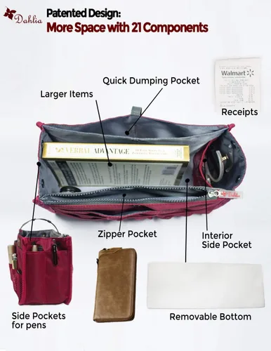 Vista 4 de Dahlia - Organizador de bolso rígido con compartimentos, 21 componentes (modelo patentado)