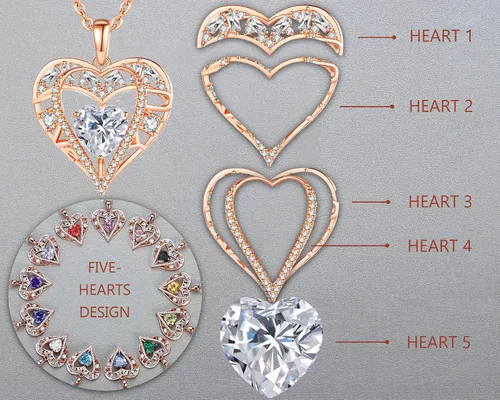Vista 47 de Collar de cristal de 5 corazones, chapado en oro rosa de 18 quilates, colgante con cadena de plata de ley 925 de 18 + 2 pulgadas, joyería de piedra