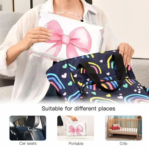 Vista 5 de Pink Bows - Cambiador de pañales portátil, impermeable, plegable, con almohada incorporada, cambiador de pañales de viaje para bebé recién nacido