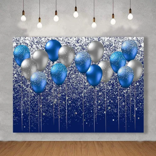 Vista 3 de Fondo de globo azul y plateado de 7 x 5 pies, fondo plateado con purpurina, boda, graduación, fiesta de cumpleaños, pancarta, decoración de mesa