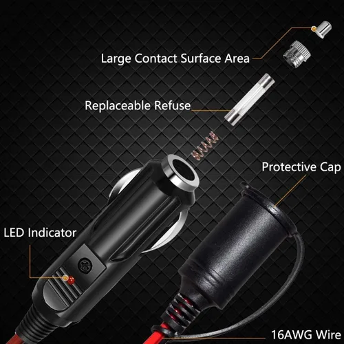 Vista 2 de Cable de extensión para encendedor de cigarrillos, 16 AWG, 12 pies, máx.150 W, 13 A, cable de extensión de automóvil de 12/24 voltios