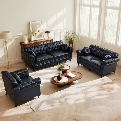 Vista 10 de ORRD Sofá de 2 piezas para sala de estar, silla moderna de piel sintética con respaldo alto, sofá biplaza con botón acolchonado, ribete de cabeza