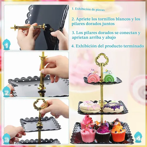 Vista 3 de Honeydak - Soporte para servir cupcakes de 3 niveles, 3 unidades, color Soporte para cupcakes de boda, postre de plástico, juego de mesa de dulces