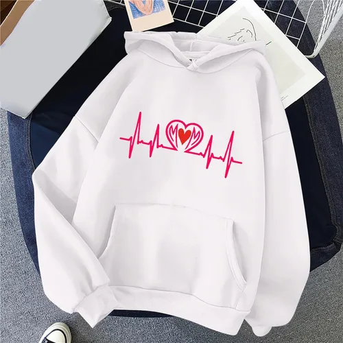 Vista 3 de HUCHPI Sudaderas con capucha de moda para mujer, talla grande, manga larga, con cordón, estampado de amor, sudadera de invierno con bolsillo
