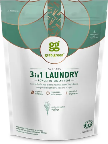Vista 8 de Grab Green Cápsulas de detergente 3 en 1, 24 unidades, sin fragancia, a base de plantas y minerales, poder de limpieza superior, removedor