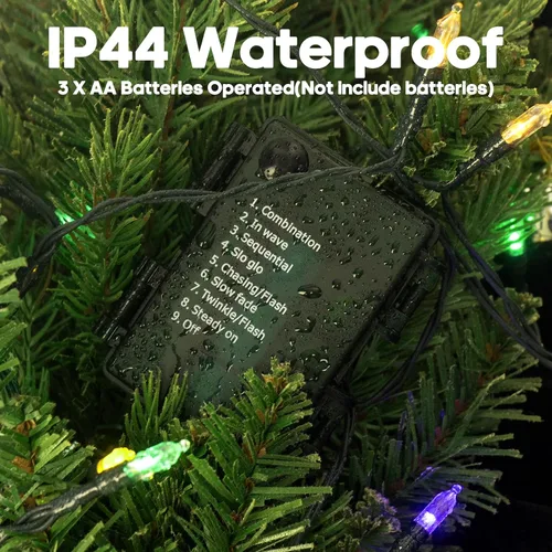 Vista 2 de Luces de Navidad a pilas para exteriores, 2 paquetes de 5.4 m, 50 luces LED multicolores mini para Navidad, Luces de Navidad con control remoto, 8