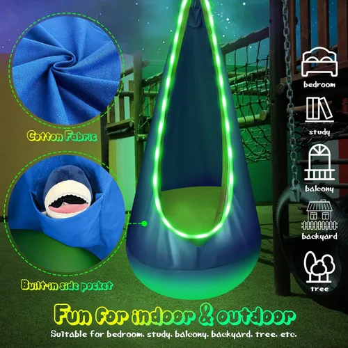 Vista 6 de Asiento de columpio colgante para niños con luz, columpio colgante mejorado para niños con luces LED, silla de columpio colgante sensorial