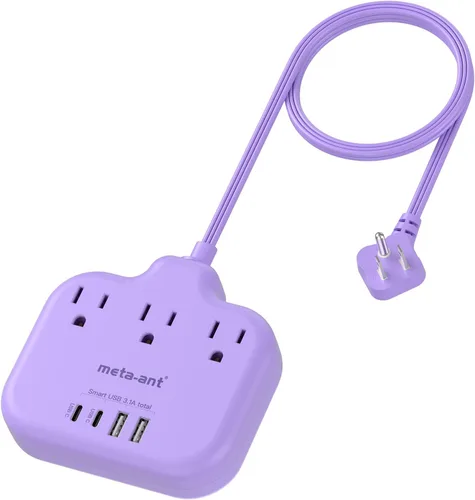 Vista 13 de Divisor de enchufes múltiples, tira de alimentación de cable ultracorto de 0.2 pies de 1625 W, 3 tomacorrientes, 4 USB (2 USB-C), extensor