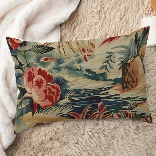 Vista 9 de ArogGeld Funda de cojín lumbar asiática de estilo chinoiserie, de lino marrón, pájaro y flor, funda de almohada asiática para sala de estar, A-6