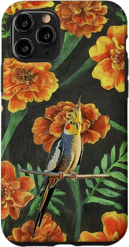 Vista 10 de iPhone 15 Cockatiel Orange Yellow Marigolds Vintage Flower Pattern Case