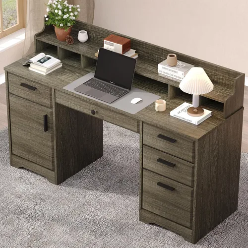 Vista 8 de Escritorio ejecutivo de 58 pulgadas con cajones de archivos, escritorio para computadora con almacenamiento, escritorio rústico con estantes