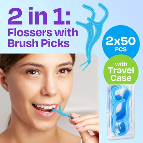 Vista 3 de Palillos de hilo dental para adultos con púas de cepillo, sabor a menta, 100 unidades, 2 fundas de viaje, hilo dental para adultos que se deslizan