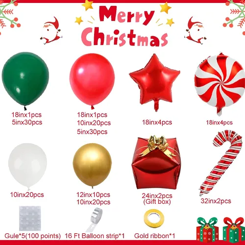 Vista 2 de AobkDeco Kit de arco de guirnalda de globos de Navidad de 151 piezas con globos rojos, blancos, dorados, verdes oscuros, globos de papel de Oro rojo