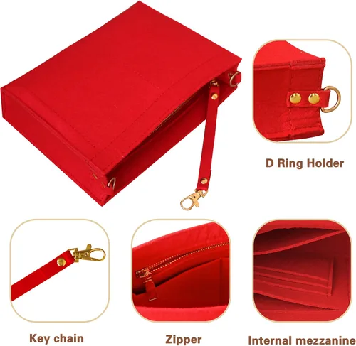 Vista 5 de MISIXILE Organizador de fieltro para bolso con cremallera y hebillas doradas, organizador de bolso, bolsa de aseo para 19 y 26 (rojo-S)