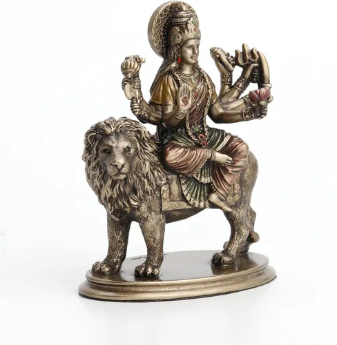 Vista 5 de Veronese Design 3 3/4 "Diosa hindú Durga montando en león en miniatura estatua de resina pintada a mano