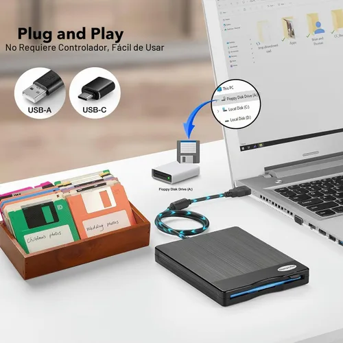 Vista 4 de Lector de disquete, 3.5 pulgadas 1.44 mb USB externo tipo A/C disquete para PC, portátil y escritorio compatible con Windows 11/10/8/7/2000/XP,