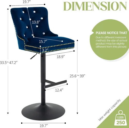 Vista 2 de Taburete de bar ajustable, silla de terciopelo con función giratoria y base negra, taburete de altura de mostrador para cocina, comedor y muebles