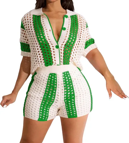Vista 10 de VOIKERDR Crochet Sets Two Piece Women Hollow Out Shirt and Shorts Todo negro
