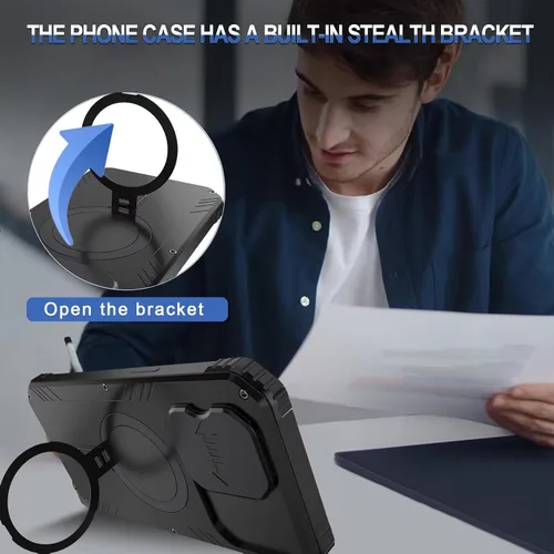 Vista 5 de Funda a prueba de golpes para iPhone 15, compatible con Magsafe de carga magnética, soporte de anillo magnético, cubierta protectora de lente
